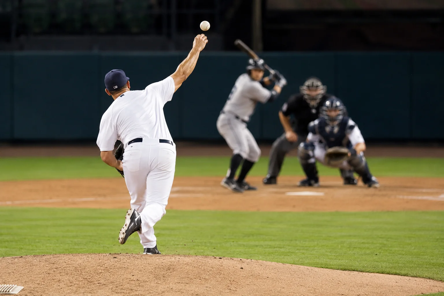 Baseball pitcher in mid-delivery on the mound with the batter and catcher in position