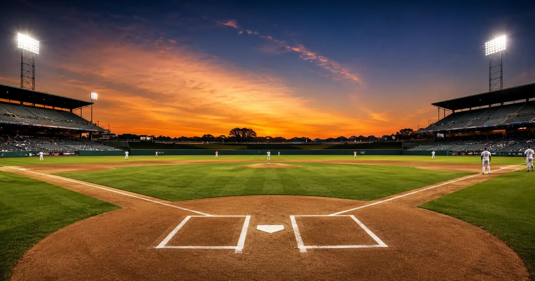 Baseball diamond with stadium lights at dusk, overlaid with decimal odds display