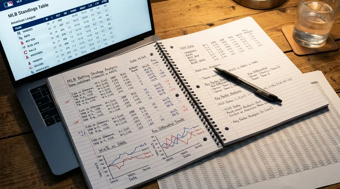 Open notebook with baseball statistics and a pen beside a laptop displaying MLB standings