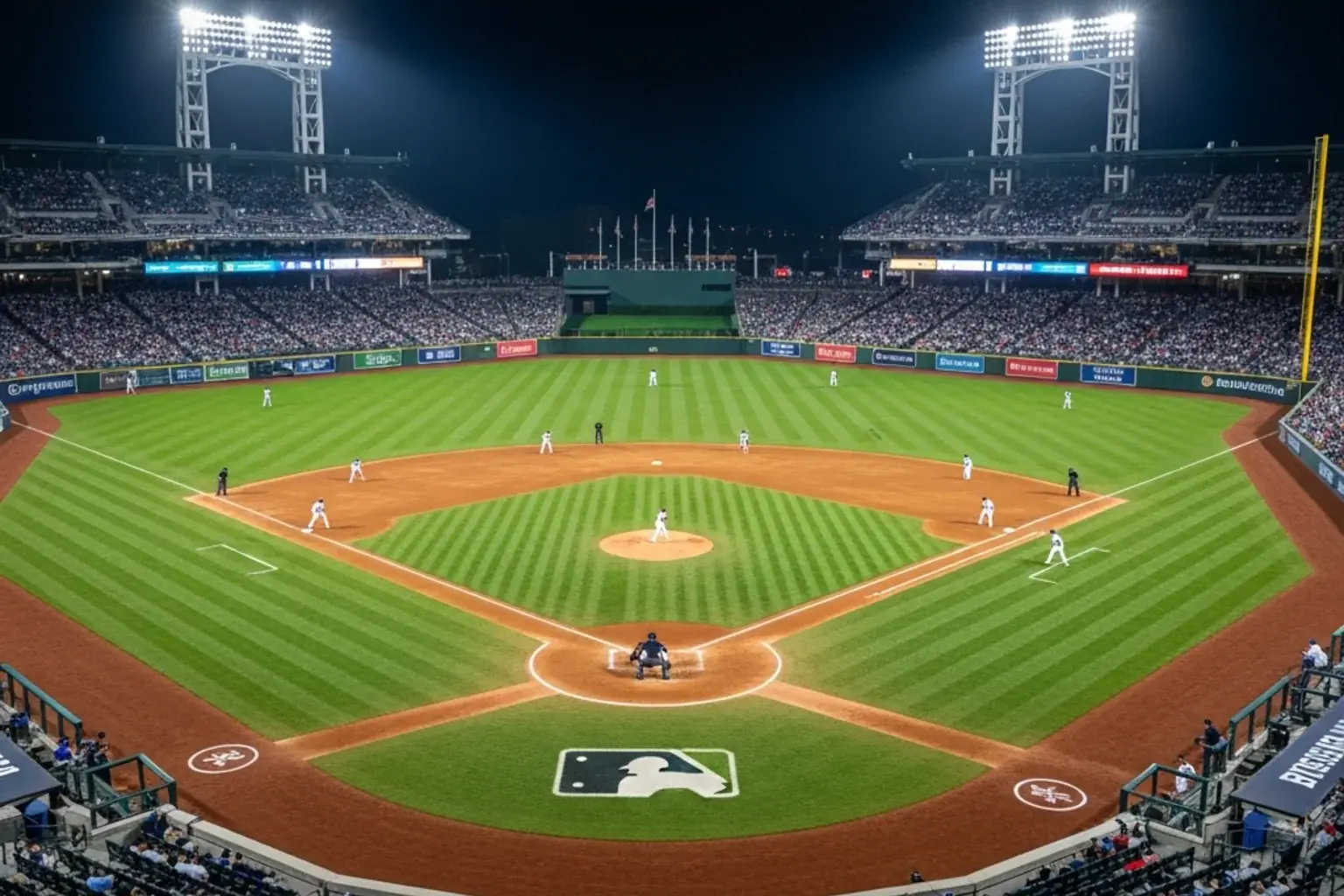 MLB night game at a packed baseball stadium with floodlights illuminating the diamond