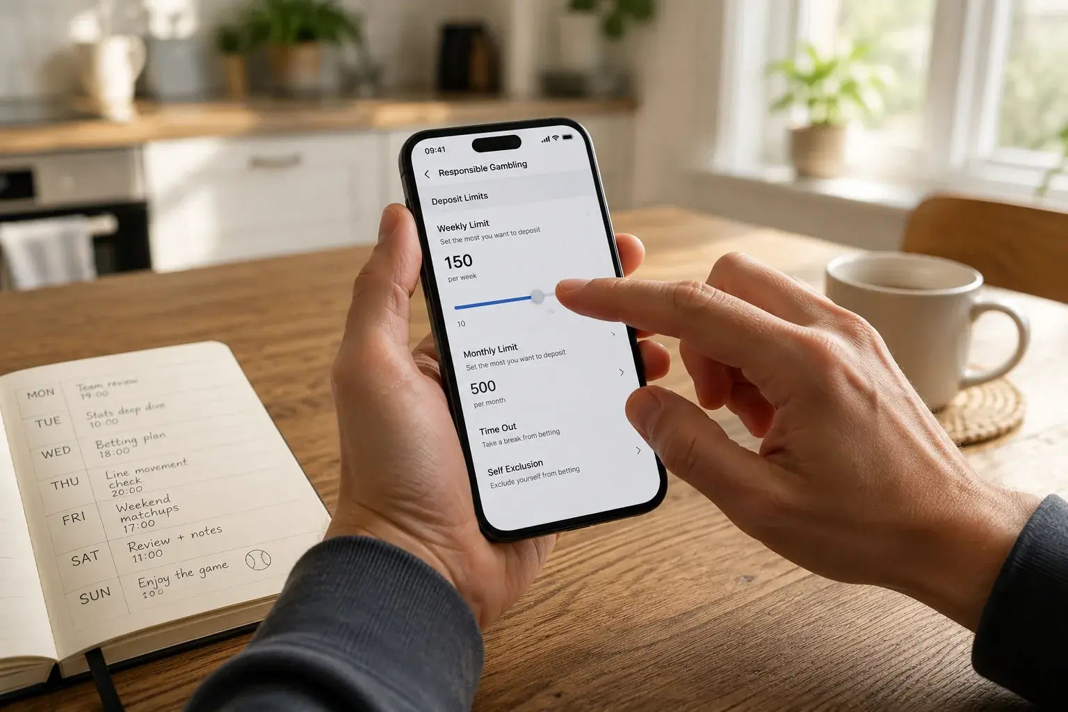 Person setting a weekly deposit limit on a mobile betting app before the baseball season