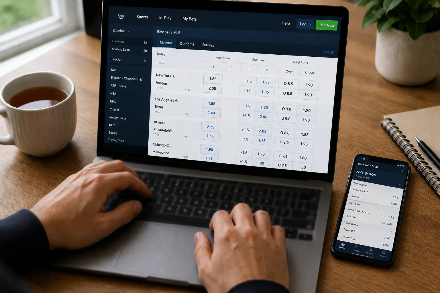 Laptop screen showing baseball betting odds in decimal format on a UK bookmaker platform